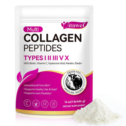 Multi-Kollagen-Peptid-Pulver – Typen I, II, III, V, X – Grasgefüttert, Weidehaltung – Unterstützt Haut, Haare, Nägel & Gelenke – Geschmacksneutral, hydrolysiert, leicht mischbar – Ohne Gentechnik, glutenfrei, laktosefrei