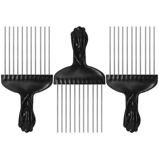 3er Set Afro Pick Metall Haarkamm für lockiges Haar, 15 cm Stahlkamm mit schwarzem Faustgriff, Entwirrungs- und Volumenkamm für Zöpfe und Perücken, Unisex Reise-Haartool