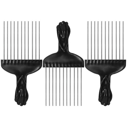 3er Set Afro Pick Metall Haarkamm für lockiges Haar, 15 cm Stahlkamm mit schwarzem Faustgriff, Entwirrungs- und Volumenkamm für Zöpfe und Perücken, Unisex Reise-Haartool