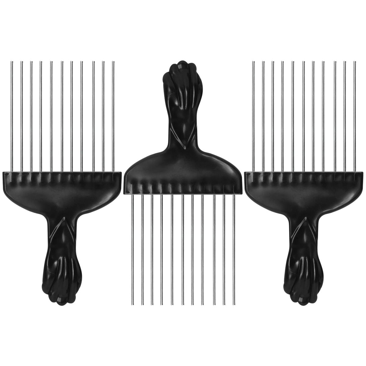 3er Set Afro Pick Metall Haarkamm für lockiges Haar, 15 cm Stahlkamm mit schwarzem Faustgriff, Entwirrungs- und Volumenkamm für Zöpfe und Perücken, Unisex Reise-Haartool
