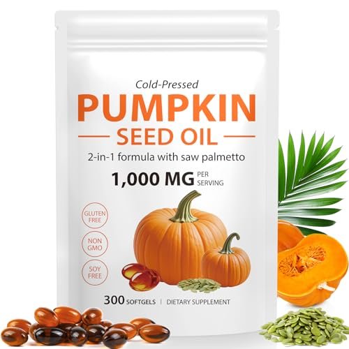 Mcukv Kürbiskernöl mit Sägepalme, 1000 mg pro Portion, kaltgepresstes Kürbiskernöl Kapseln für Haare, Kopfhaut, Harnwege & Prostata Unterstützung, reines natives mit essentiellen Fettsäuren, Non-GMO, 300 Stück