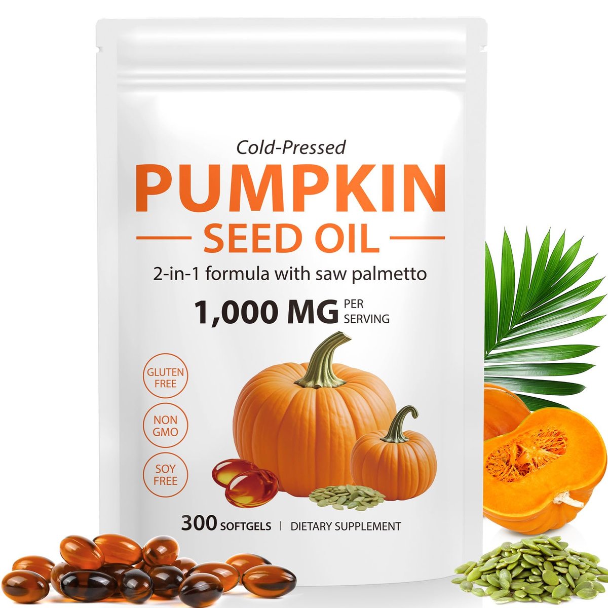 Mcukv Kürbiskernöl mit Sägepalme, 1000 mg pro Portion, kaltgepresstes Kürbiskernöl Kapseln für Haare, Kopfhaut, Harnwege & Prostata Unterstützung, reines natives mit essentiellen Fettsäuren, Non-GMO, 300 Stück