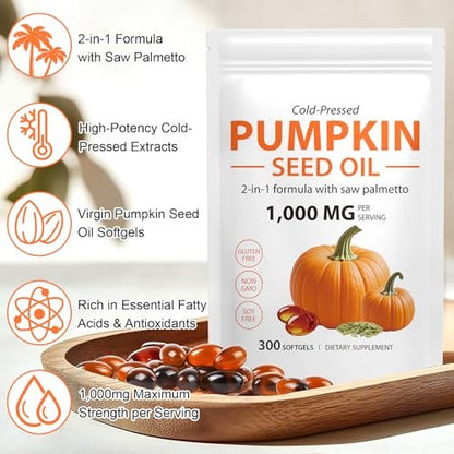 Mcukv Kürbiskernöl mit Sägepalme, 1000 mg pro Portion, kaltgepresstes Kürbiskernöl Kapseln für Haare, Kopfhaut, Harnwege & Prostata Unterstützung, reines natives mit essentiellen Fettsäuren, Non-GMO, 300 Stück