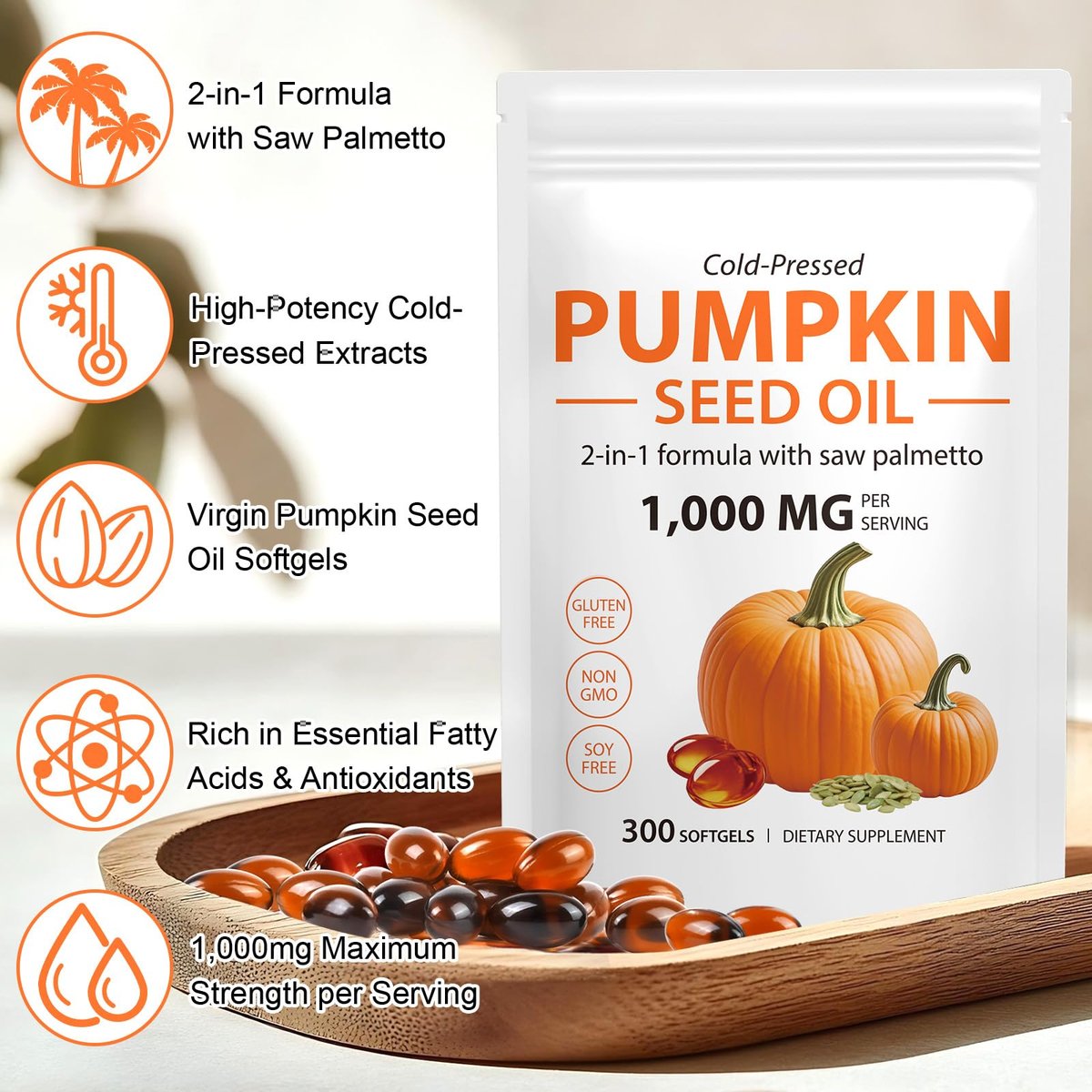 Mcukv Kürbiskernöl mit Sägepalme, 1000 mg pro Portion, kaltgepresstes Kürbiskernöl Kapseln für Haare, Kopfhaut, Harnwege & Prostata Unterstützung, reines natives mit essentiellen Fettsäuren, Non-GMO, 300 Stück