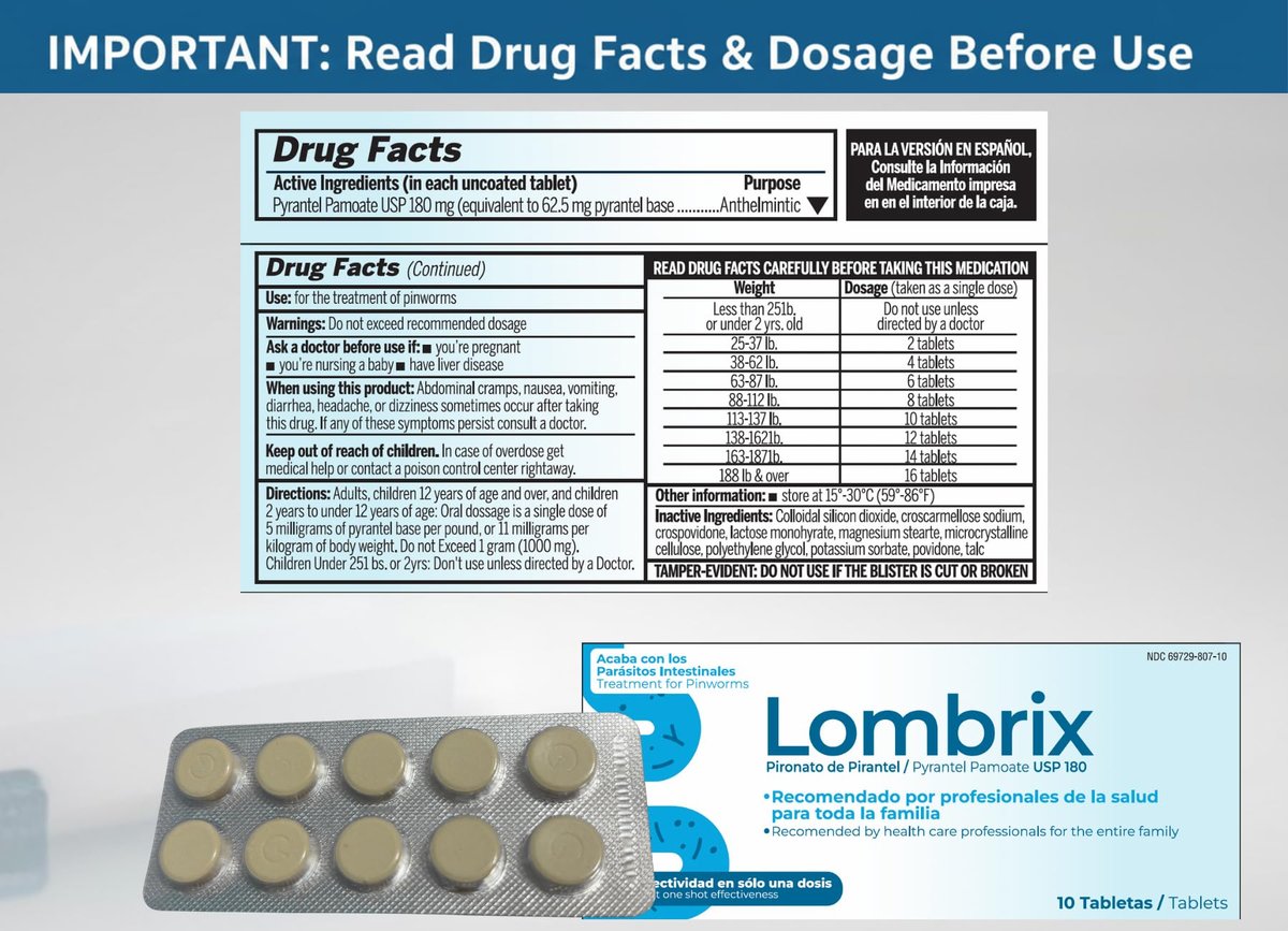 Lombrix Wurmmittel Pyrantelpamoat 180 mg Tabletten, Darmflora-Unterstützung für Erwachsene und die ganze Familie, einmalige Anwendung, nicht verschreibungspflichtig, 10 Tabletten