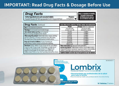 Lombrix Wurmmittel Pyrantelpamoat 180 mg Tabletten, Darmflora-Unterstützung für Erwachsene und die ganze Familie, einmalige Anwendung, nicht verschreibungspflichtig, 10 Tabletten