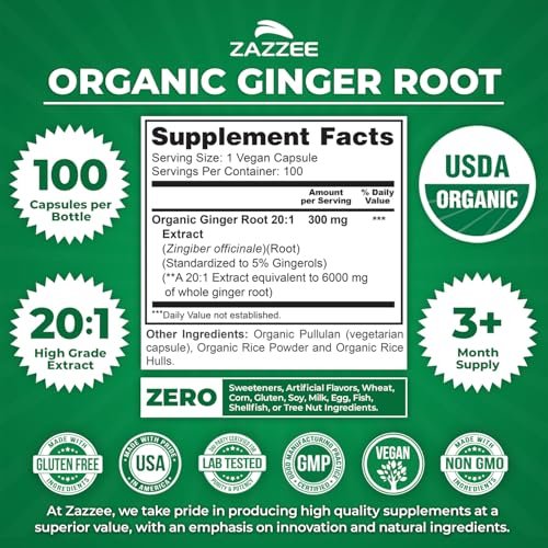 Zazzee Bio Ingwer Wurzel 20:1 Extrakt, 5% Gingerole, 100 vegane Kapseln, 3+ Monate Vorrat, Zingiber Officinale, Verdauungs- und Magenunterstützung, natürlich, nicht-GVO, hergestellt in den USA