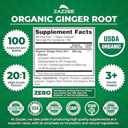 Zazzee Bio Ingwer Wurzel 20:1 Extrakt, 5% Gingerole, 100 vegane Kapseln, 3+ Monate Vorrat, Zingiber Officinale, Verdauungs- und Magenunterstützung, natürlich, nicht-GVO, hergestellt in den USA