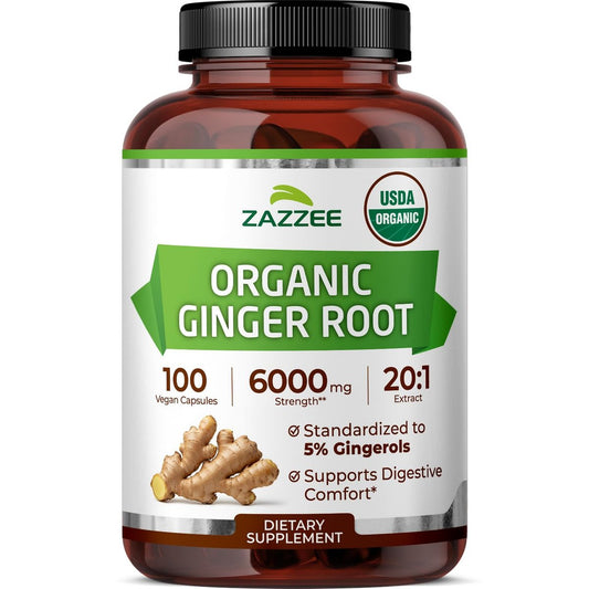Zazzee Bio Ingwer Wurzel 20:1 Extrakt, 5% Gingerole, 100 vegane Kapseln, 3+ Monate Vorrat, Zingiber Officinale, Verdauungs- und Magenunterstützung, natürlich, nicht-GVO, hergestellt in den USA