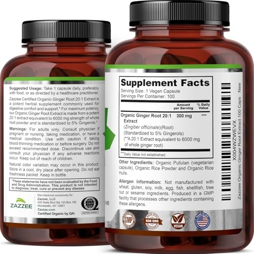 Zazzee Bio Ingwer Wurzel 20:1 Extrakt, 5% Gingerole, 100 vegane Kapseln, 3+ Monate Vorrat, Zingiber Officinale, Verdauungs- und Magenunterstützung, natürlich, nicht-GVO, hergestellt in den USA