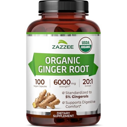 Zazzee Bio Ingwer Wurzel 20:1 Extrakt, 5% Gingerole, 100 vegane Kapseln, 3+ Monate Vorrat, Zingiber Officinale, Verdauungs- und Magenunterstützung, natürlich, nicht-GVO, hergestellt in den USA