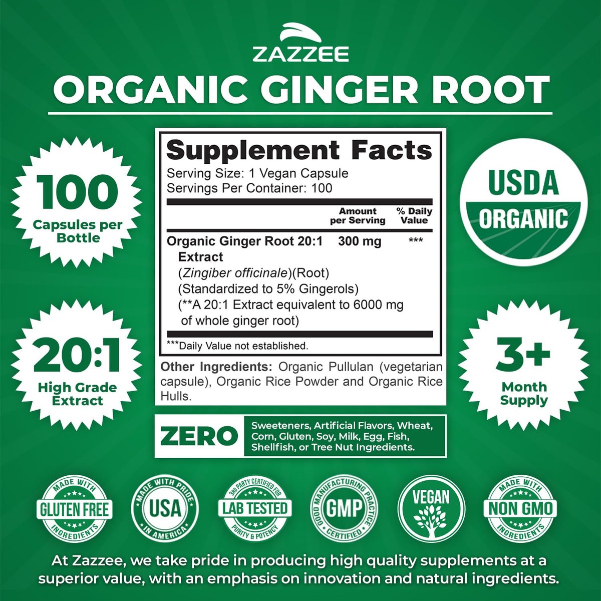 Zazzee Bio Ingwer Wurzel 20:1 Extrakt, 5% Gingerole, 100 vegane Kapseln, 3+ Monate Vorrat, Zingiber Officinale, Verdauungs- und Magenunterstützung, natürlich, nicht-GVO, hergestellt in den USA