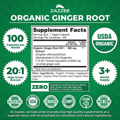 Zazzee Bio Ingwer Wurzel 20:1 Extrakt, 5% Gingerole, 100 vegane Kapseln, 3+ Monate Vorrat, Zingiber Officinale, Verdauungs- und Magenunterstützung, natürlich, nicht-GVO, hergestellt in den USA