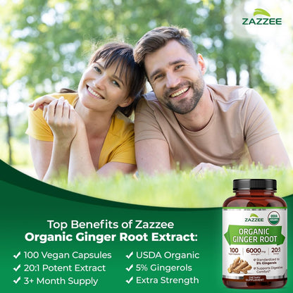 Zazzee Bio Ingwer Wurzel 20:1 Extrakt, 5% Gingerole, 100 vegane Kapseln, 3+ Monate Vorrat, Zingiber Officinale, Verdauungs- und Magenunterstützung, natürlich, nicht-GVO, hergestellt in den USA