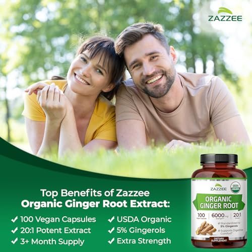 Zazzee Bio Ingwer Wurzel 20:1 Extrakt, 5% Gingerole, 100 vegane Kapseln, 3+ Monate Vorrat, Zingiber Officinale, Verdauungs- und Magenunterstützung, natürlich, nicht-GVO, hergestellt in den USA