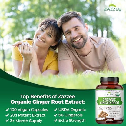 Zazzee Bio Ingwer Wurzel 20:1 Extrakt, 5% Gingerole, 100 vegane Kapseln, 3+ Monate Vorrat, Zingiber Officinale, Verdauungs- und Magenunterstützung, natürlich, nicht-GVO, hergestellt in den USA
