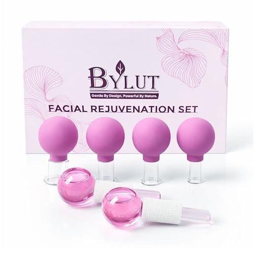 ByLut 3-in-1 Eis-Globes & Glas-Gesichts-Cupping-Set, 2 Eis-Globes für das Gesicht + 4-teiliges Gesichts-Cupping-Set für Gesichtsstraffung & Körper-Sauggläser, Gesichts-Eisroller zum Entschwellen, Kälte- & Wärmetherapie - Lila