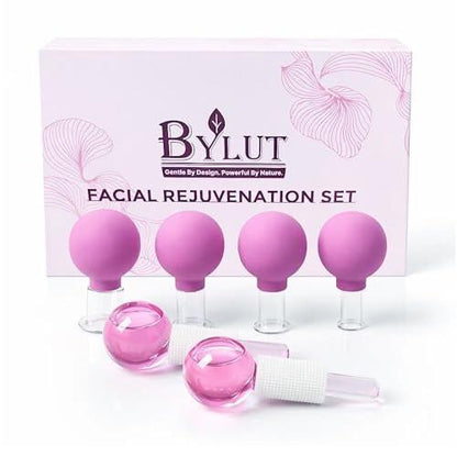 ByLut 3-in-1 Eis-Globes & Glas-Gesichts-Cupping-Set, 2 Eis-Globes für das Gesicht + 4-teiliges Gesichts-Cupping-Set für Gesichtsstraffung & Körper-Sauggläser, Gesichts-Eisroller zum Entschwellen, Kälte- & Wärmetherapie - Lila