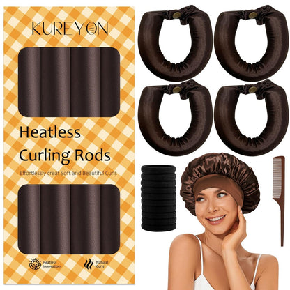 KUREYON Satin Heatless Hair Curler 4-teilig – Sanfte Locken über Nacht ohne Hitze, Braun