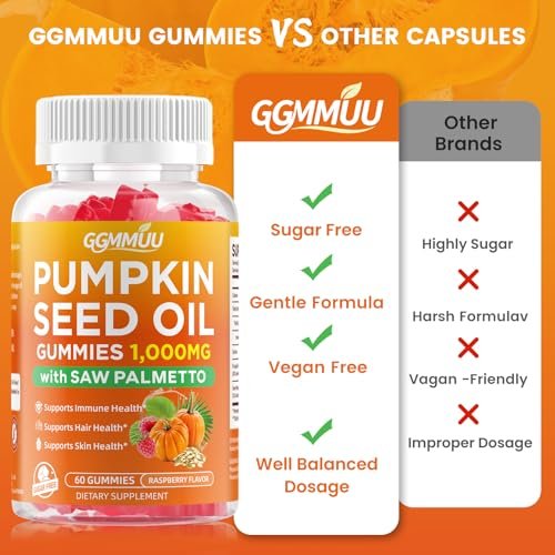 Kürbiskernöl Gummis mit Sägepalmenextrakt – 1000 mg pro Portion für Haarwachstum & Hautgesundheit – Vegan, Himbeergeschmack, 60 Stück