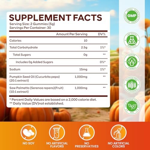 Kürbiskernöl Gummis mit Sägepalmenextrakt – 1000 mg pro Portion für Haarwachstum & Hautgesundheit – Vegan, Himbeergeschmack, 60 Stück