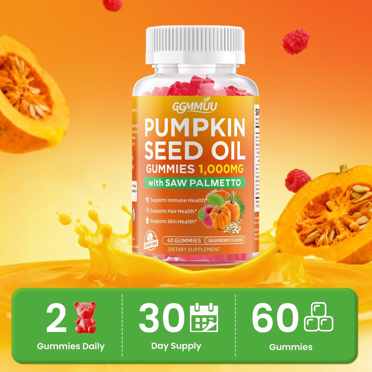 Kürbiskernöl Gummis mit Sägepalmenextrakt – 1000 mg pro Portion für Haarwachstum & Hautgesundheit – Vegan, Himbeergeschmack, 60 Stück