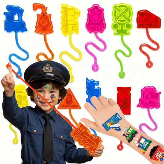 48-teiliges Zug-Party-Set: 24 temporäre Tattoos & 24 Sticky Hands – Perfekte Geburtstagsfeier-Bedarf, Goodie Bag Füller, Schatzbox-Spielzeug, Klassenzimmerpreise und Geschenke für Schüler
