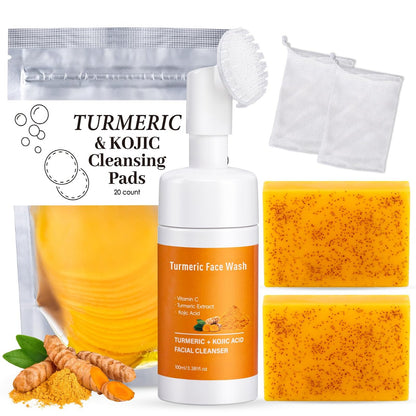 Treeroot 4-teiliges Kurkuma-Gesichtsreinigungsset: 2x 70g Kurkuma-Kojisäure-Seife & Gesichtsreiniger mit Bürste & Gesichtspeeling-Pads, Gesichts- und Körperreiniger, Reinigungsschaum für die Tiefenreinigung