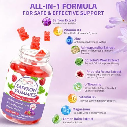 Wordln Safran-Gummis für Erwachsene & Kinder – 88,5 mg Safranextrakt, Ashwagandha, L-Theanin für Entspannung, Konzentration und Stimmungsunterstützung, 60 Gummis (1 Packung)