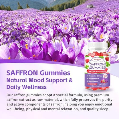 Wordln Safran-Gummis für Erwachsene & Kinder – 88,5 mg Safranextrakt, Ashwagandha, L-Theanin für Entspannung, Konzentration und Stimmungsunterstützung, 60 Gummis (1 Packung)
