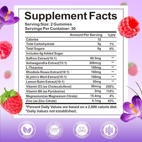 Wordln Safran-Gummis für Erwachsene & Kinder – 88,5 mg Safranextrakt, Ashwagandha, L-Theanin für Entspannung, Konzentration und Stimmungsunterstützung, 60 Gummis (1 Packung)