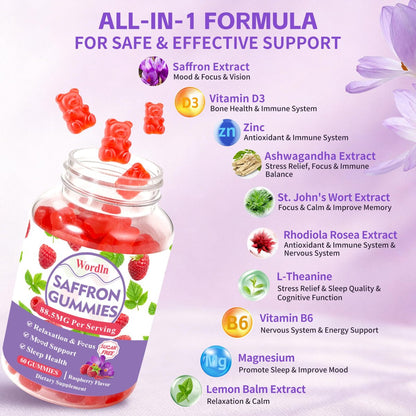 Wordln Safran-Gummis für Erwachsene & Kinder – 88,5 mg Safranextrakt, Ashwagandha, L-Theanin für Entspannung, Konzentration und Stimmungsunterstützung, 60 Gummis (1 Packung)