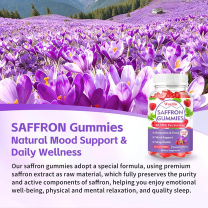 Wordln Safran-Gummis für Erwachsene & Kinder – 88,5 mg Safranextrakt, Ashwagandha, L-Theanin für Entspannung, Konzentration und Stimmungsunterstützung, 60 Gummis (1 Packung)