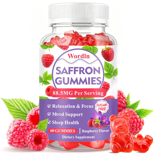Wordln Safran-Gummis für Erwachsene & Kinder – 88,5 mg Safranextrakt, Ashwagandha, L-Theanin für Entspannung, Konzentration und Stimmungsunterstützung, 60 Gummis (1 Packung)