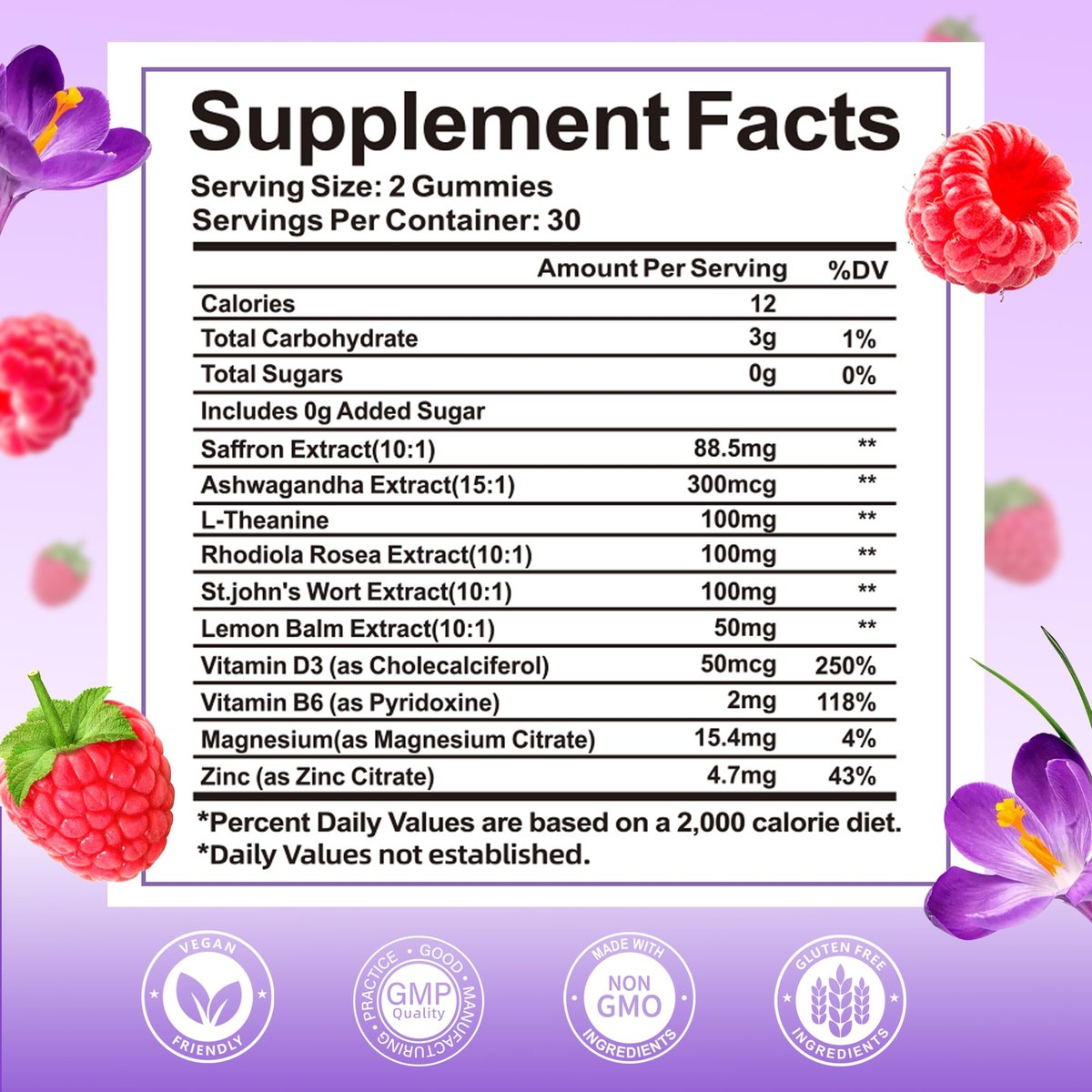 Wordln Safran-Gummis für Erwachsene & Kinder – 88,5 mg Safranextrakt, Ashwagandha, L-Theanin für Entspannung, Konzentration und Stimmungsunterstützung, 60 Gummis (1 Packung)