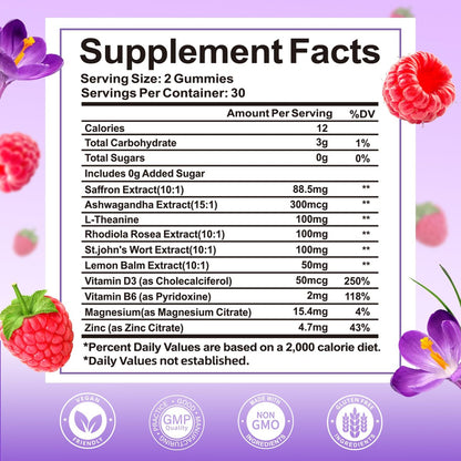 Wordln Safran-Gummis für Erwachsene & Kinder – 88,5 mg Safranextrakt, Ashwagandha, L-Theanin für Entspannung, Konzentration und Stimmungsunterstützung, 60 Gummis (1 Packung)