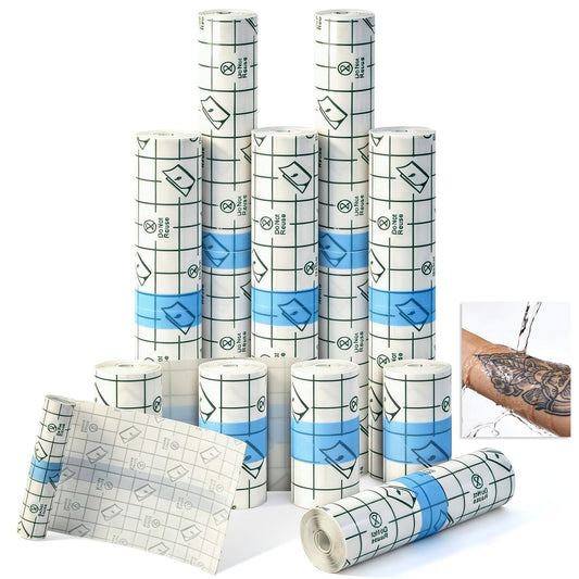 Tattoo Wrap 20 Yards Gesamtlänge – Gemischte Größen 2/4/6/8 Zoll, wasserdichte transparente Tattoo-Bandage, Aftercare-Folie, atmungsaktiv, selbstklebend, Abdeckfolien zur Heilung, Tattoo-Hautpflege-Dressing, 10 Rollen