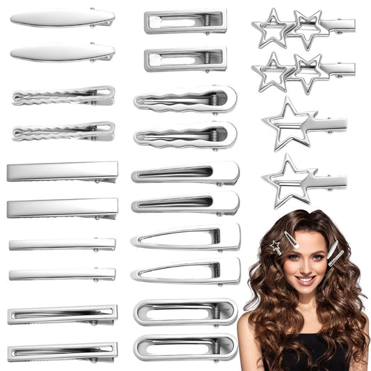 24-teiliges Set silberne Haarspangen – Wellige Stern-Haarspangen, Y2K-Haarschmuck, Anti-Rutsch-Metall-Haarklammern für Frauen und Mädchen
