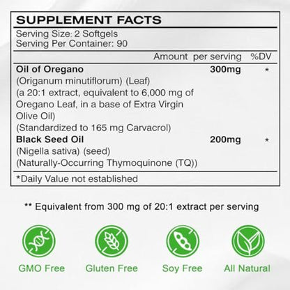 Vespecial Oreganoöl mit Schwarzkümmelöl, 180 Softgels | 2-in-1 Kräuterergänzung mit hochkonzentriertem Carvacrol & Thymochinon für Immununterstützung | Nicht-GVO, pflanzlich