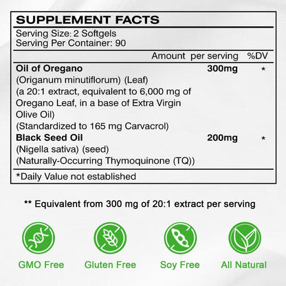 Vespecial Oreganoöl mit Schwarzkümmelöl, 180 Softgels | 2-in-1 Kräuterergänzung mit hochkonzentriertem Carvacrol & Thymochinon für Immununterstützung | Nicht-GVO, pflanzlich