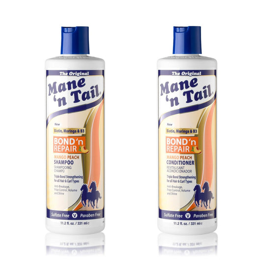 Mane ’n Tail Bond ’n Repair Shampoo & Conditioner Set – Sulfatfreies Stärkungssystem gegen Haarbruch & Frizz, Triple Bond Repair mit Moringa, Mango-Pfirsich 11,2 fl oz 2er-Pack