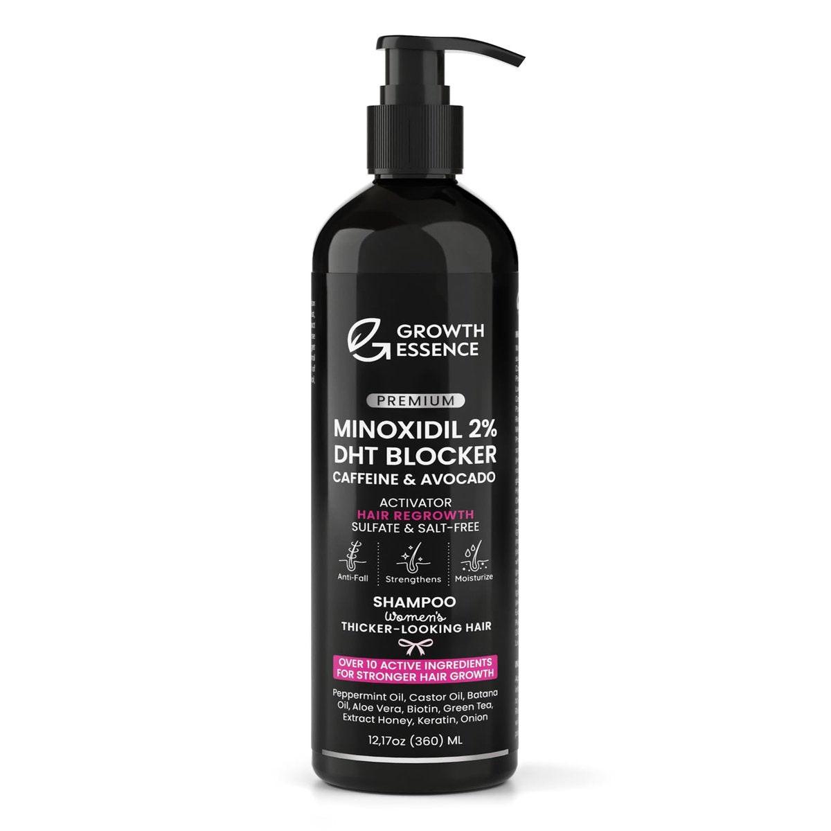 Minoxidil Shampoo für Frauen – Growth Essence Premium 2% Haarwuchs-Shampoo mit Biotin, Koffein & DHT-Blockern – Stärkende Formel mit Keratin, Rizinusöl, grünem Tee & Rosmarin – 12,17 fl oz