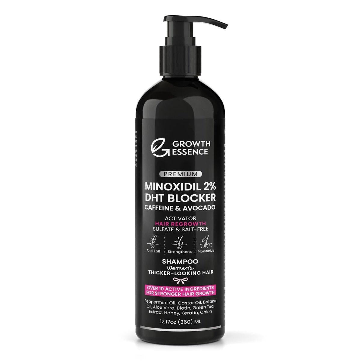 Minoxidil Shampoo für Frauen – Growth Essence Premium 2% Haarwuchs-Shampoo mit Biotin, Koffein & DHT-Blockern – Stärkende Formel mit Keratin, Rizinusöl, grünem Tee & Rosmarin – 12,17 fl oz