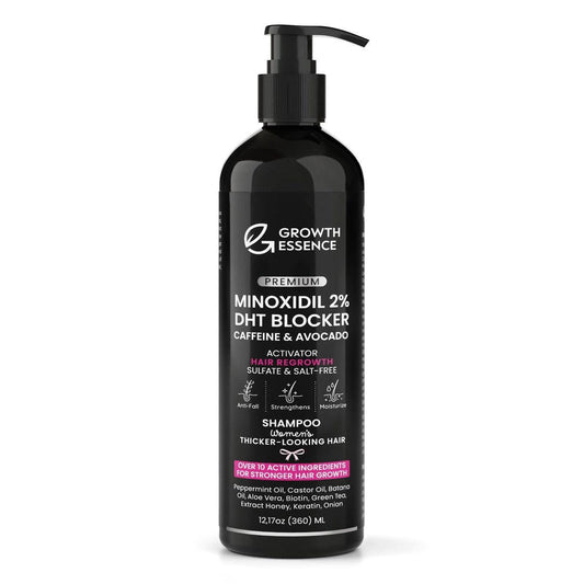Minoxidil Shampoo für Frauen – Growth Essence Premium 2% Haarwuchs-Shampoo mit Biotin, Koffein & DHT-Blockern – Stärkende Formel mit Keratin, Rizinusöl, grünem Tee & Rosmarin – 12,17 fl oz