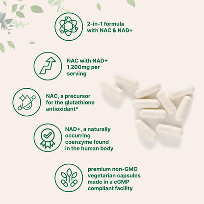 Micro Ingredients NAC mit NAD+, 240 vegane Kapseln | 1.200 mg pro Portion | 2-in-1 N-Acetyl-L-Cystein mit Nicotinamid-Adenin-Dinukleotid | Non-GMO, cGMP hergestellt