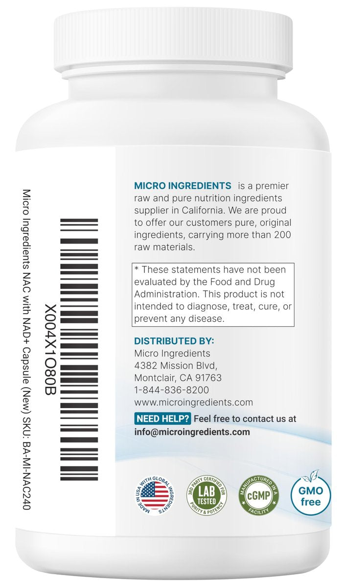 Micro Ingredients NAC mit NAD+, 240 vegane Kapseln | 1.200 mg pro Portion | 2-in-1 N-Acetyl-L-Cystein mit Nicotinamid-Adenin-Dinukleotid | Non-GMO, cGMP hergestellt
