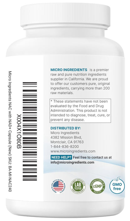 Micro Ingredients NAC mit NAD+, 240 vegane Kapseln | 1.200 mg pro Portion | 2-in-1 N-Acetyl-L-Cystein mit Nicotinamid-Adenin-Dinukleotid | Non-GMO, cGMP hergestellt