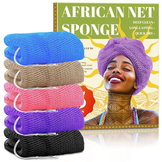 5er Pack Afrikanischer Netzschwamm mit Knoten – Authentischer Peeling-Netzschwamm für die Dusche, dehnbarer Nylon-Körperscrubber, schnell trocknend, tiefenwirksames Peeling für alle Hauttypen