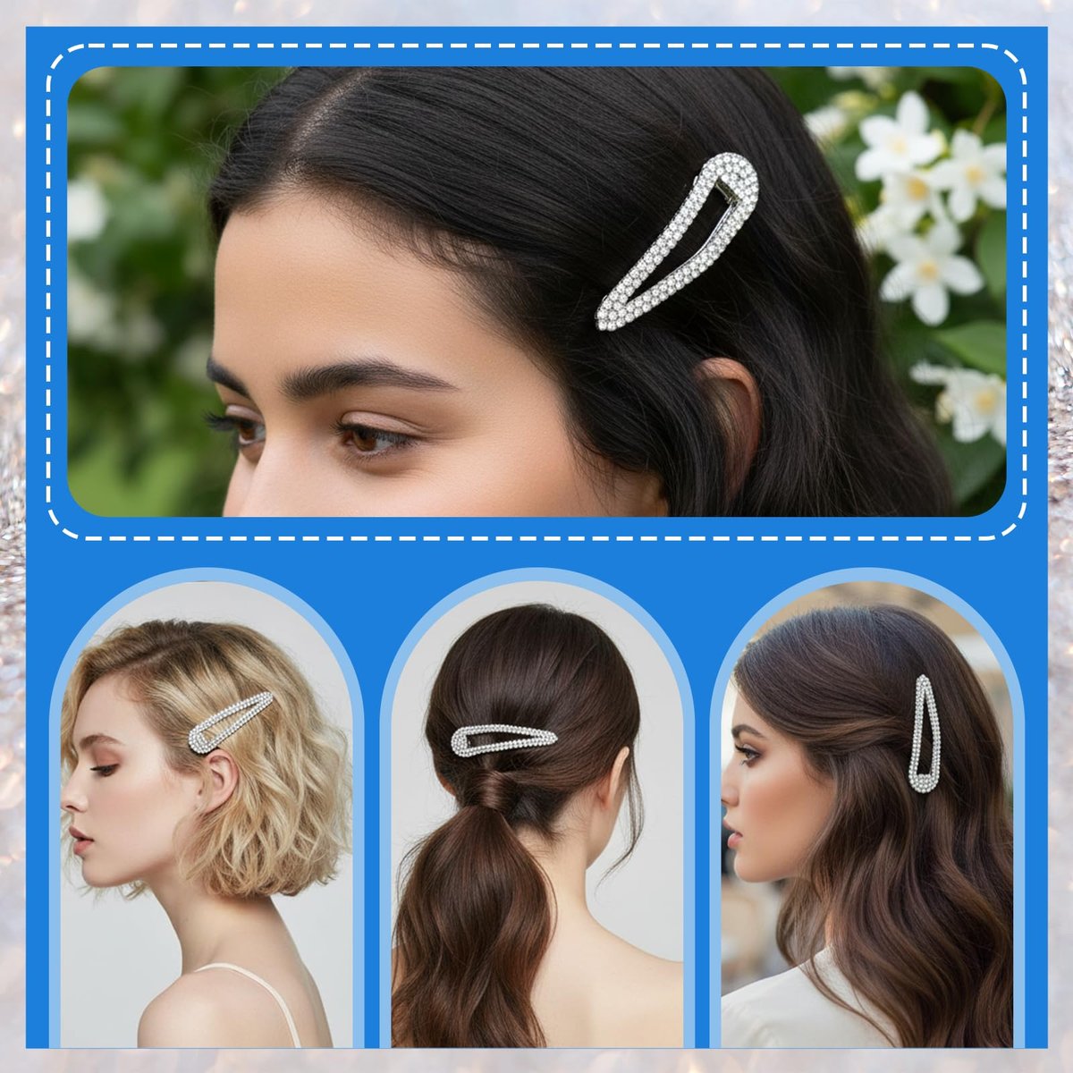4er-Pack Rhinestone-Haarklammern, Wasserfall-Crystal-Snap-Klammern für Damen, funkelnde Metall-Stein-Haarnadeln, glitzernde Haaraccessoires