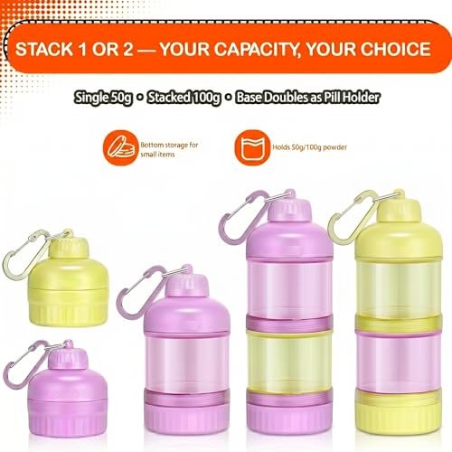 BooMetCheer 2er-Pack Proteinpulver-Behälter zum Mitnehmen mit Schlüsselanhänger & Schlüsselring, große Kapazität, transparent, auslaufsicher, ideal für Workouts, Fitness oder Reisen (Pink & Gelb)